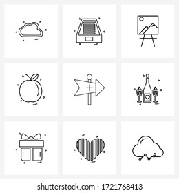 9 Universal Line Icons for Web and Mobile hospital guidepost; direction post; painting; food; fruit Vector Illustration