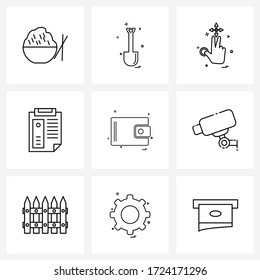 9 Universal Line Icons for Web and Mobile wallet; tasks; hand; clipboard; hand Vector Illustration