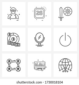9 Iconos de línea universal para espejo de maquillaje web y móvil; moneda; día; dinero; Ilustración de vectores de armas