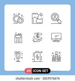9 Universal Outline Signs Symbols of money; hand; puzzle; walkie talkie; communication Editable Vector Design Elements