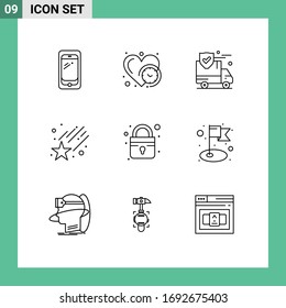 9 Universal Outlines Set for Web and Mobile Applications lock; star; time; space; van Editable Vector Design Elements
