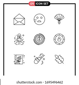 9 Universal Outlines Set for Web and Mobile Applications expense; consumption; china; goal; chart Editable Vector Design Elements