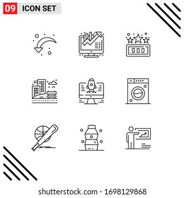 9 Universal Outlines Set for Web and Mobile Applications rocket; park; high score; building; city Editable Vector Design Elements