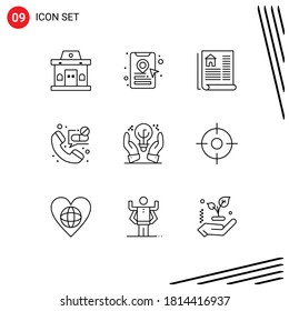 9 Universal Outlines Set para aplicaciones Web y móviles mano; negocio; patrimonio; ideas protegidas; Elementos de diseño de vectores editables de emergencia