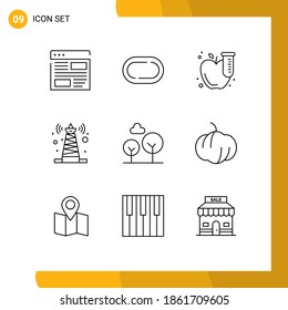 9 Universal Outlines Set for Web and Mobile Applications evergreen tree; satellite; science; tower; signal Editable Vector Design Elements
