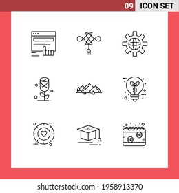 9 Universal Outlines Set for Web and Mobile Applications landscape; love; decoration; rose; technical Editable Vector Design Elements