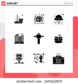 9 Universelles Symbol für die Glyphe Zeichen Symbole des Kastens; Bergarbeiter; Schiff; Büro; Design-Elemente für Vektorillustrationen im Nachbau