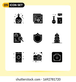 9 Universal Solid Glyph Signs Symbols of search; worker; education; science lab; chemistry laboratory Editable Vector Design Elements
