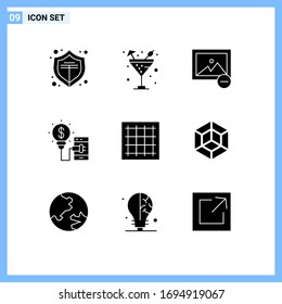9 Señales de glifo sólido universales Símbolos de área; gráfico; imagen; red; elementos de diseño de vectores editables para smartphones