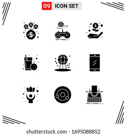 9 Universal Solid Glyph Signs Symbols of space; astronomy; hand; health; juice Editable Vector Design Elements