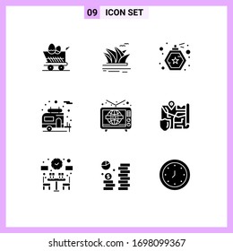 9 Universal Solid Glyph Signs Symbols of tv; news; sydney; motorhome; camper Editable Vector Design Elements