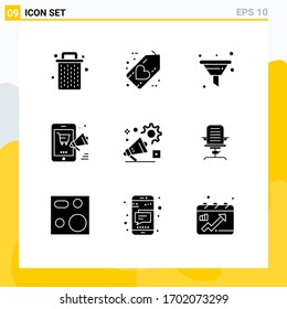 9 Símbolos universales de glifos sólidos en línea; compras; amor; móvil; elementos de diseño de vectores editables de Seo