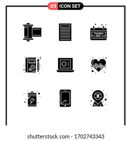 9 Universal Solid Glyph Signs Symbols of medicine; laptop; date; learning; profile Editable Vector Design Elements