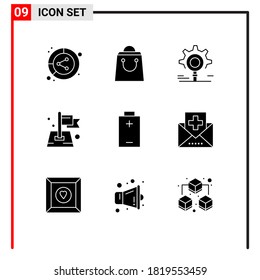 9 Universal Solid Glyph Signs Symbols of battery; target; gear; location; flag Editable Vector Design Elements
