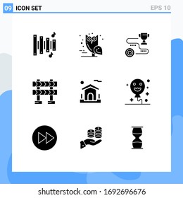 9 Universal Solid Glyphs Set for Web and Mobile Applications real; home; target; construction; barricade Editable Vector Design Elements