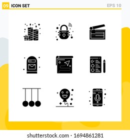 9 Universal Solid Glyphs Set for Web and Mobile Applications map; office; action; letter; clapperboard Editable Vector Design Elements
