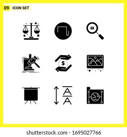 9 Universal Solid Glyphs Set for Web and Mobile Applications currency; judgement; delivery; hammer; auction Editable Vector Design Elements
