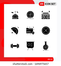 9 Universal Solid Glyphs Set for Web and Mobile Applications folder; celebration day; speed; gujjia; radio Editable Vector Design Elements