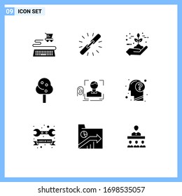 9 Universal Solid Glyphs Set for Web and Mobile Applications fingerprint; tree; protection; summer; grow Editable Vector Design Elements