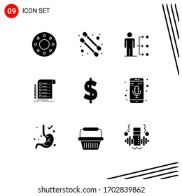 9 Universal Solid Glyphs Set for Web and Mobile Applications money; currency; user; checklist; invoice Editable Vector Design Elements