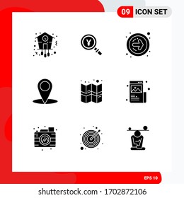9 Universal Solid Glyphs Set for Web and Mobile Applications location; education; search; map; next button Editable Vector Design Elements