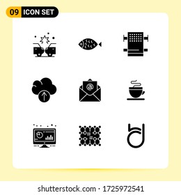 9 Universal Solid Glyphs Set for Web and Mobile Applications coffee; mail; rack; email; data Editable Vector Design Elements