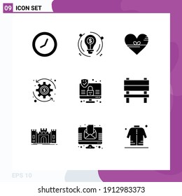 9 Universal Solid Glyphs Set for Web and Mobile Applications security; computer; love; wealth; coin Editable Vector Design Elements