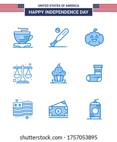 9 USA Blue Signs Independence Day Celebration Symbols of muffin; cake; pumkin; scale; justice Editable USA Day Vector Design Elements