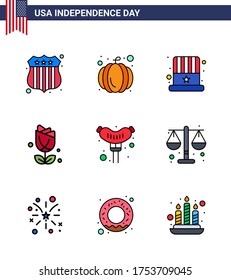 9 USA Flat Filled Line Signs Independence Day Celebration Symbols of court; frankfurter; hat; food; usa Editable USA Day Vector Design Elements