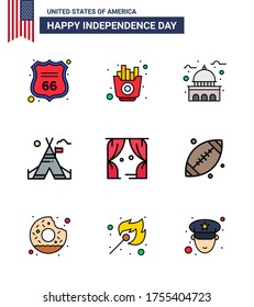 9 USA Flat Filled Line Signs Independence Day Celebration Symbols of entertainment; camp; building; tent; white Editable USA Day Vector Design Elements