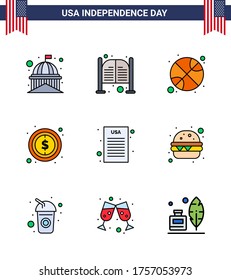 9 USA Flat Filled Line Pack of Independence Day Signs and Symbols of sign; money; day; usa; sports Editable USA Day Vector Design Elements