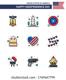 9 Señales de la línea llena plana de los Estados Unidos de América para celebrar el Día de la Independencia; paquetes; washington; dinero; elementos de diseño de vectores editables por el Día de EE.UU.