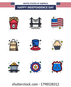 9 USA Flat Filled Line Signs Independence Day Celebration Symbols of presidents; day; country; american; handbag Editable USA Day Vector Design Elements