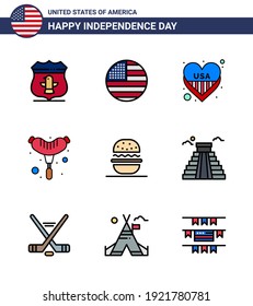 9 USA Flat Filled Line Pack of Independence Day Signs and Symbols of american; burger; american; sausage; food Editable USA Day Vector Design Elements