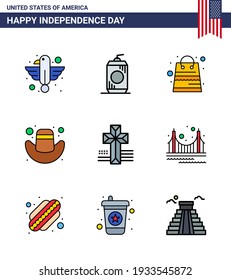 9 USA Flat Filled Line Pack of Independence Day Signs and Symbols of cross; hat; usa; cap; shop Editable USA Day Vector Design Elements