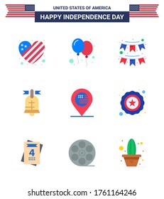 9 USA Flat Pack of Independence Day Signs and Symbols of american; american; american; ring; garland Editable USA Day Vector Design Elements