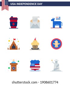 9 USA Flat Signs Independence Day Celebration Symbols of dessert; tent; mail; camping; symbol Editable USA Day Vector Design Elements