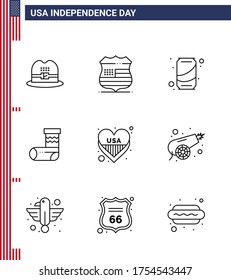 9 USA Line Pack of Independence Day Signs and Symbols of love; american; can; gift; christmas Editable USA Day Vector Design Elements