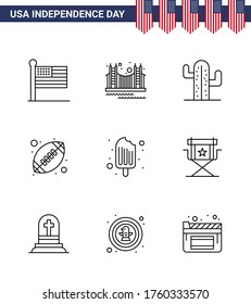 9 USA Line Pack of Independence Day Signs and Symbols of american ball; rugby; tourism; ball; plent Editable USA Day Vector Design Elements