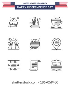 9 USA Line Pack of Independence Day Signs and Symbols of american; flag; cup; country; landmark Editable USA Day Vector Design Elements