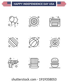 9 USA Line Pack of Independence Day Signs and Symbols of usa; ball; cinema; american; hotdog Editable USA Day Vector Design Elements