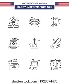 9 USA Line Signs Independence Day Celebration Symbols of landmark; hip; bottle; flask; alcoholic Editable USA Day Vector Design Elements