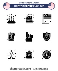 9 USA Solid Glyph Signs Independence Day Celebration Symbols of american; hand; country; foam hand; love Editable USA Day Vector Design Elements