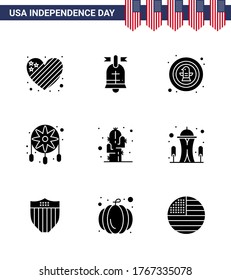 9 USA Solid Glyph Signs Independence Day Celebration Symbols of cactus; dream catcher; american; decoration; badge Editable USA Day Vector Design Elements