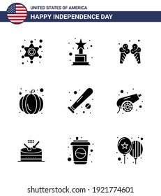 9 USA Solid Glyph Signs Independence Day Celebration Symbols of sports; baseball; ice; ball; pumpkin Editable USA Day Vector Design Elements