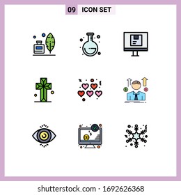 9 User Interface Filledline Flat Color Pack of modern Signs and Symbols of love; parish; delivery; cross; cathedral Editable Vector Design Elements