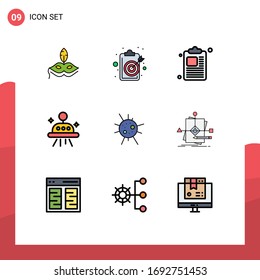 9 User Interface Filledline Flat Color Pack of modern Signs and Symbols of virus; bacteria; target; ufo; astronomy Editable Vector Design Elements