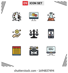 9 User Interface Filledline Flat Color Pack of modern Signs and Symbols of justice; help; pollution; charity; money Editable Vector Design Elements