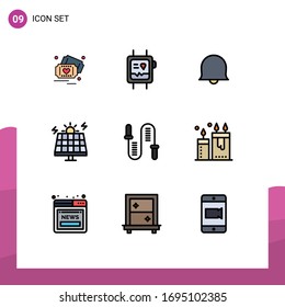 9 User Interface Filledline Flat Color Pack of modern Signs and Symbols of fitness; jumping; bell; solar; environment Editable Vector Design Elements