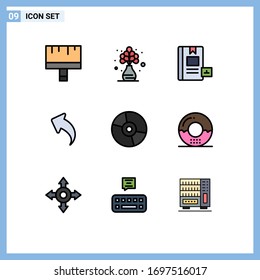 9 User Interface Filledline Flat Color Pack of modern Signs and Symbols of disc; back; book; up; learning Editable Vector Design Elements